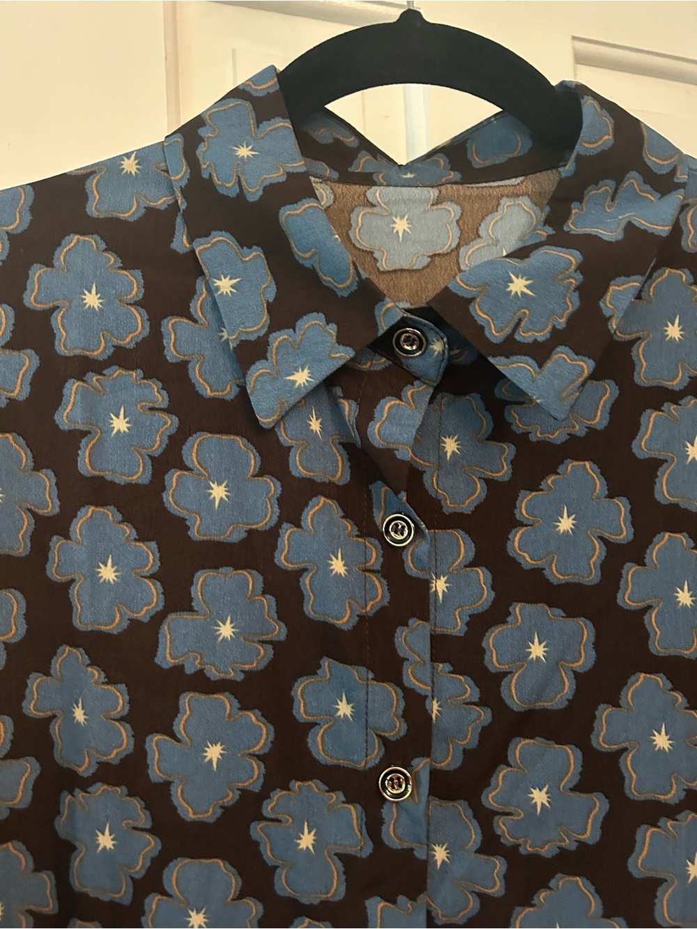 Men's Brown Button-Up Shirt with Blue Floral Pattern